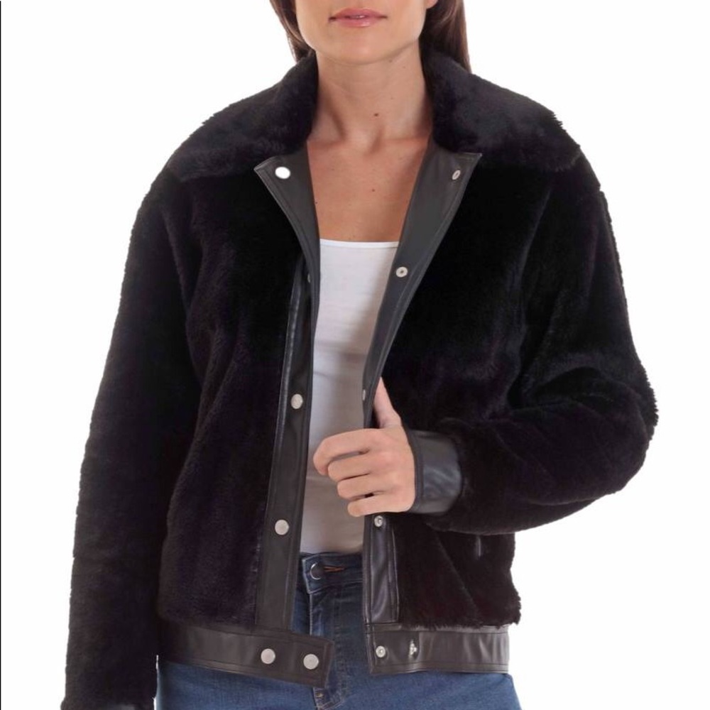 NWT Avec Les Filles Black Faux Fur Trucker Jacket